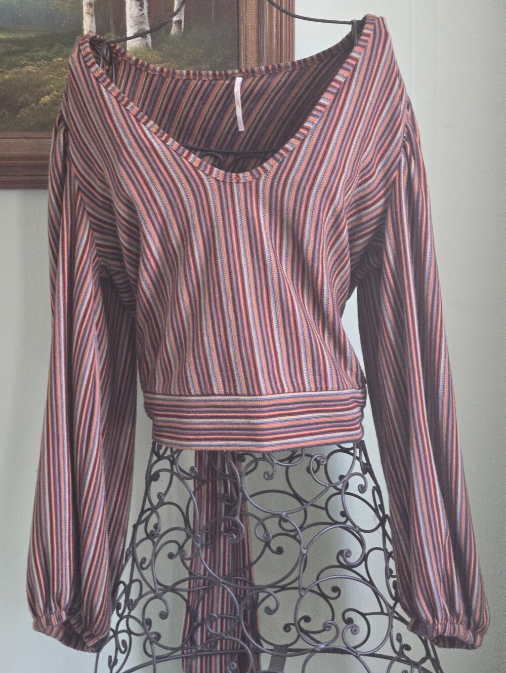 NWOT Autumn Color Stripe Open Back Tie Blouse Top Long Sleeve L